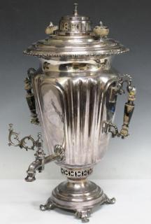 Appraisal: Batashev Large Russian Samovar Silver-plated copper with wood insulators the