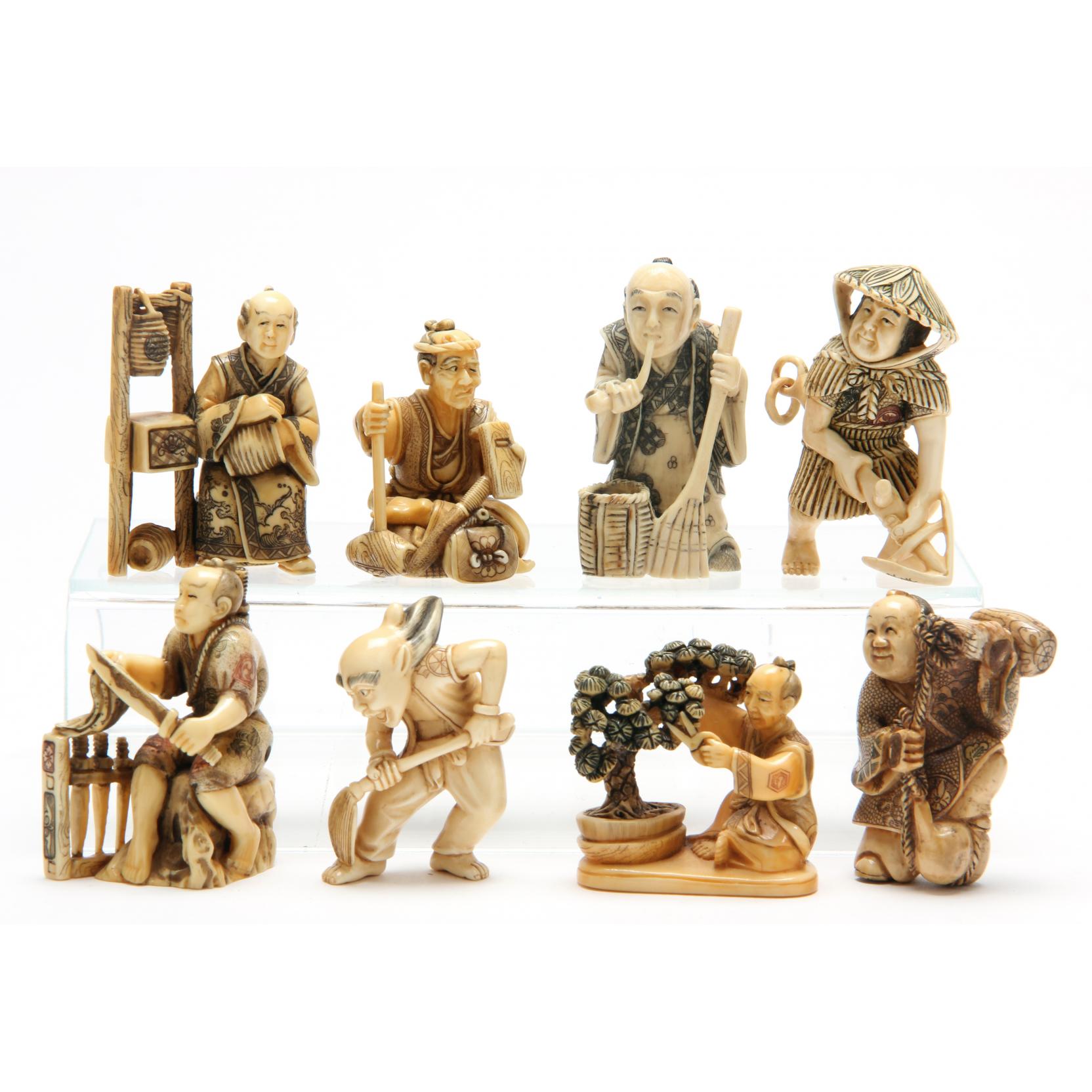 Appraisal: Group of Eight Netsuke th century ivory all with signatures