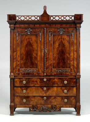 Appraisal: Sheraton figured mahogany linen press two-case construction with removable pediment