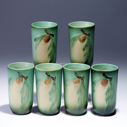 Appraisal: Six ROSEVILLE green Pine Cone tumblers - Long crack to