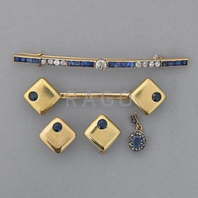 Appraisal: COLLECTION OF GOLD JEWELRY WITH SAPPHIRE k gold arch bar