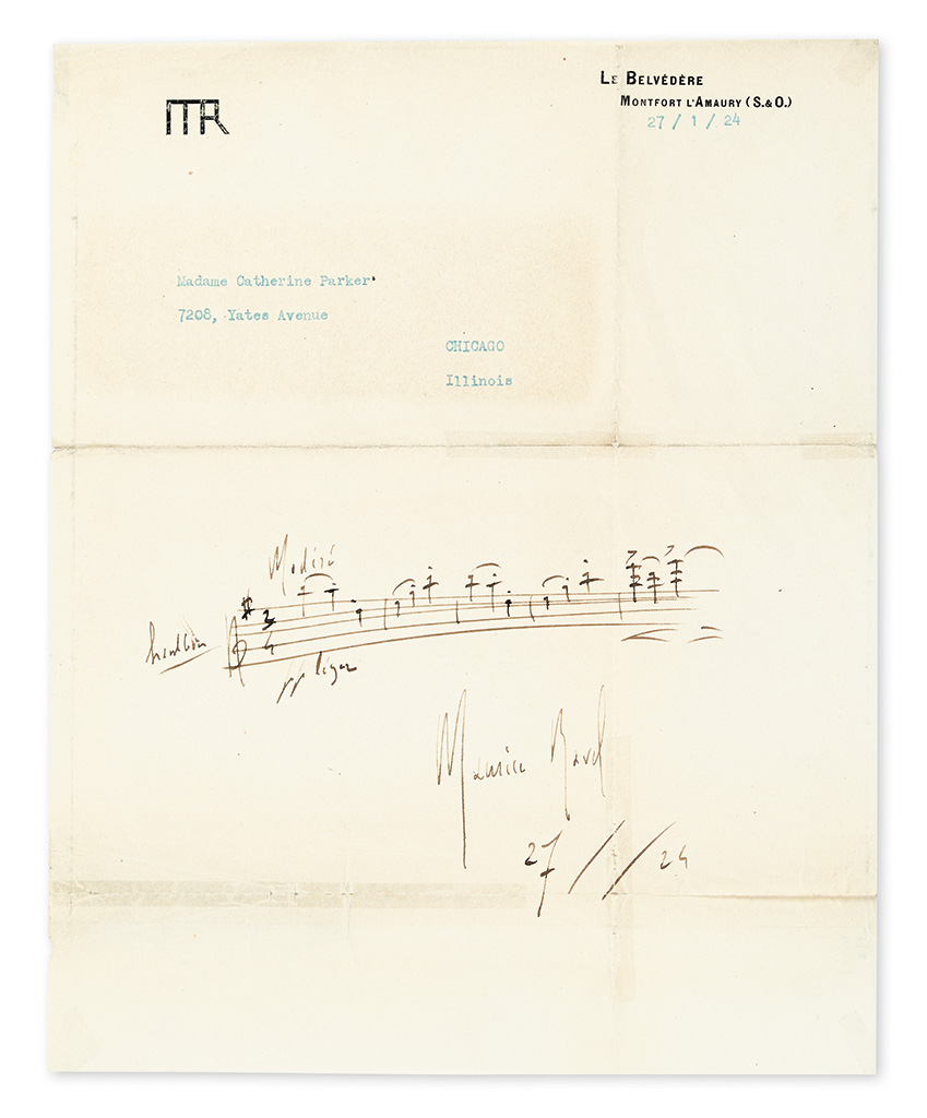 Appraisal: ON HIS MONOGRAMMED STATIONERY RAVEL MAURICE Autograph Musical Quotation dated