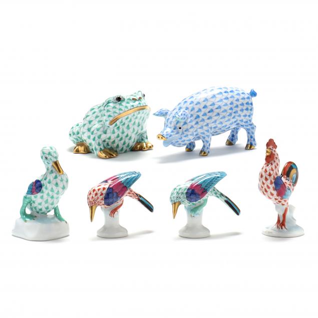 Appraisal: SIX HEREND PORCELAIN ANIMALS Fishnet design to include a small