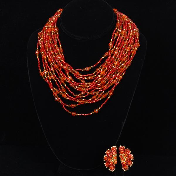 Appraisal: Miriam Haskell pc Red Necklace Clip on Earrings necklace