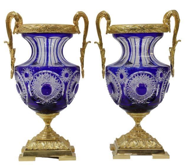 Appraisal: lot of French cobalt-cut-to-clear glass vases Martin Benito late th