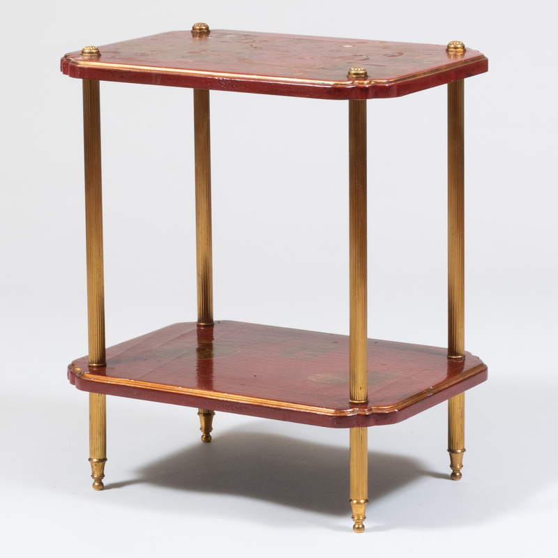 Appraisal: Regency Style Brass-Mounted Red Japanned Two-Tier Side Table Of recent