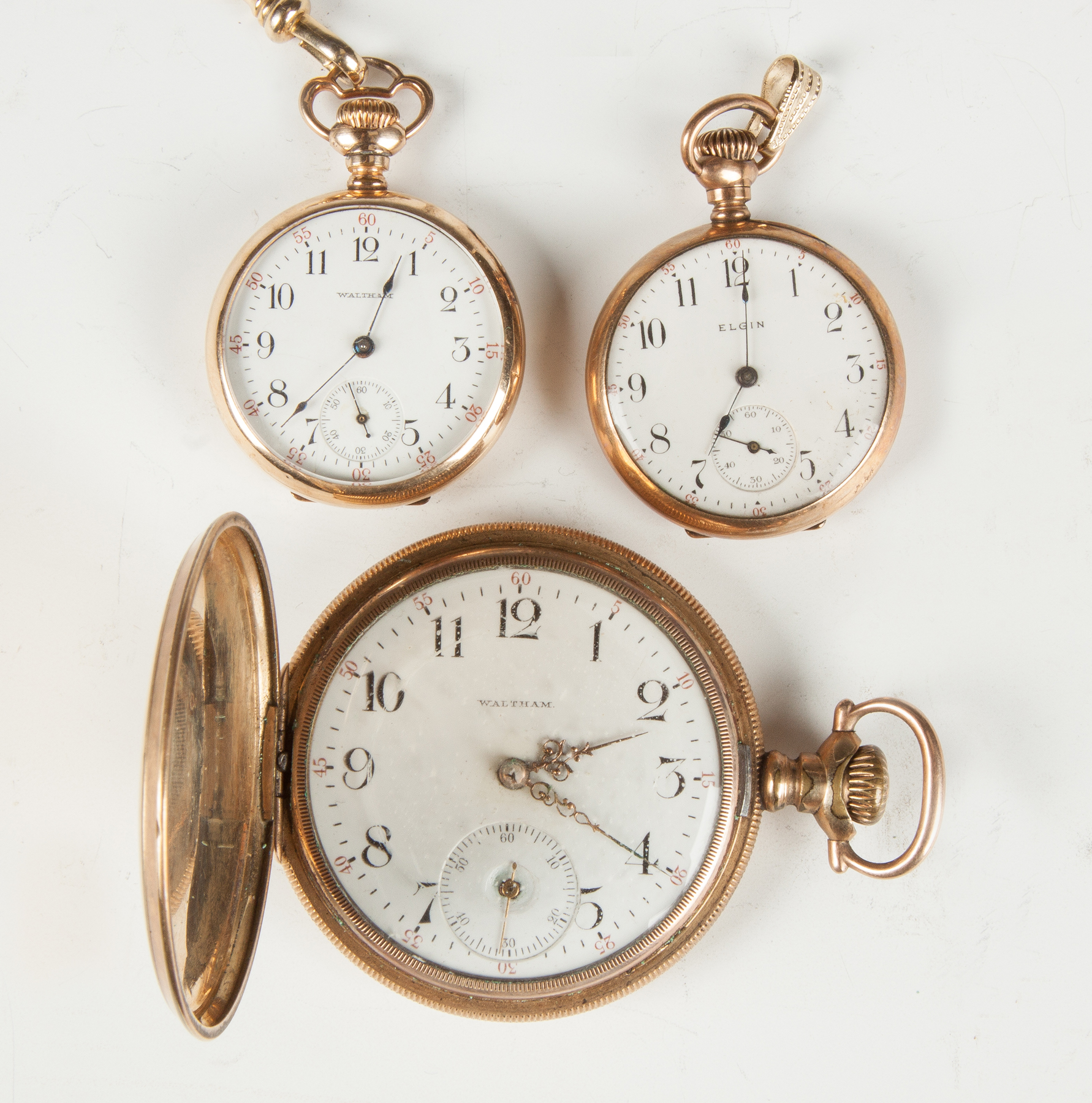 Appraisal: Three Gold Plated Pocket Watches Waltham jewel Waltham Elgin