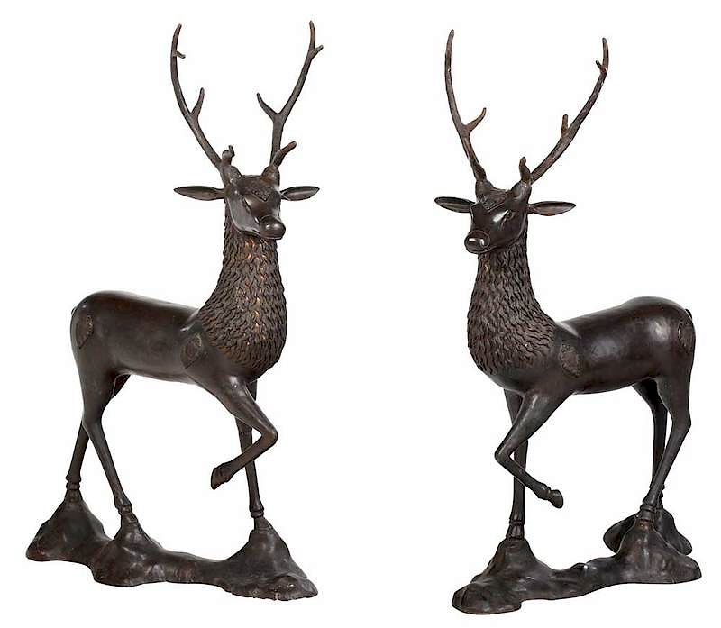 Appraisal: Pair Bronze Deer Statues th century pair of stags with