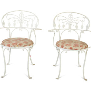 Appraisal: A Pair of White Painted Iron Garden Chairs TH CENTURY