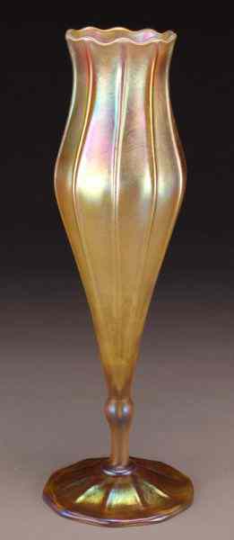 Appraisal: Tiffany gold Favrile glass flower form vase of footed closed