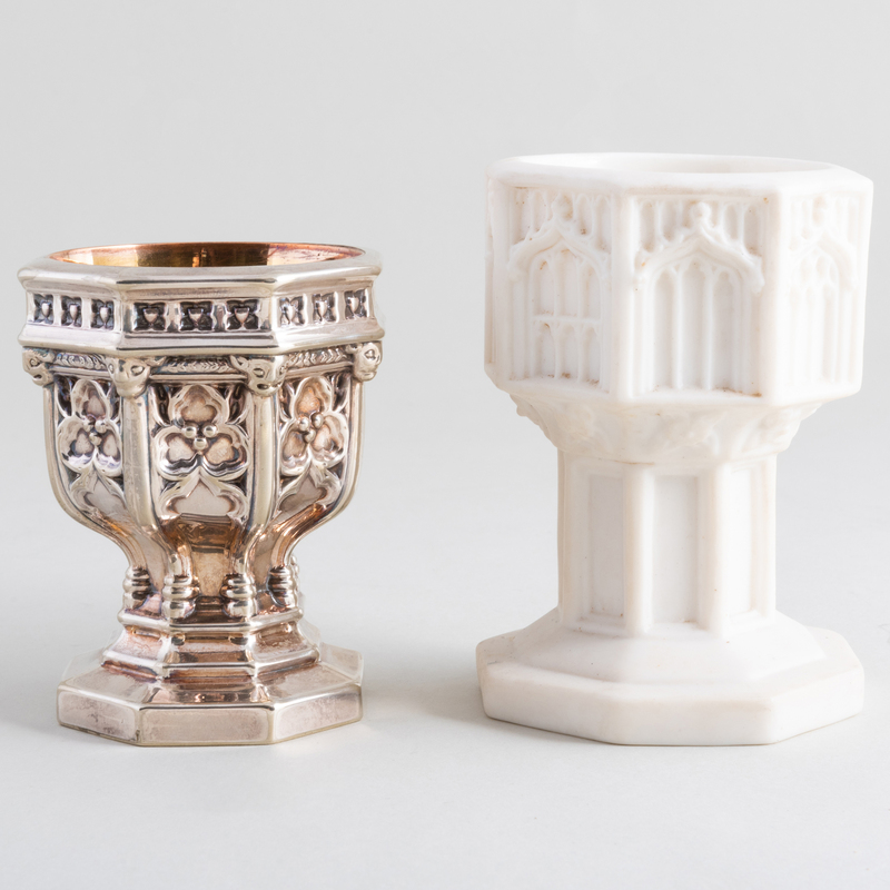 Appraisal: Mintons Porcelain Traveling Font and a Gothic Revival Silver Plate