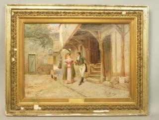 Appraisal: ZOSKY Antique Oil Painting Figures in Cobblestone Courtyard Woman in