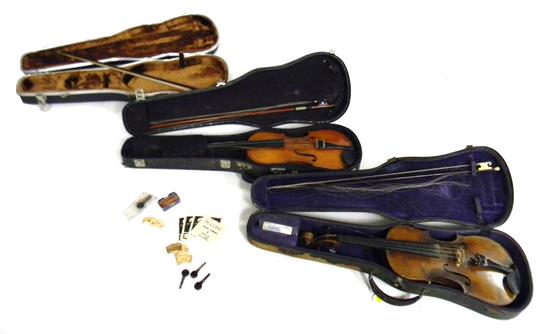 Appraisal: MUSICAL INSTRUMENTS Two violins and violin accessories contained in three