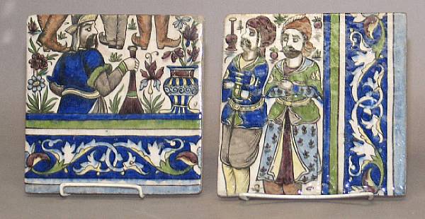 Appraisal: Two Persian glazed tiles Of square shape each painted with