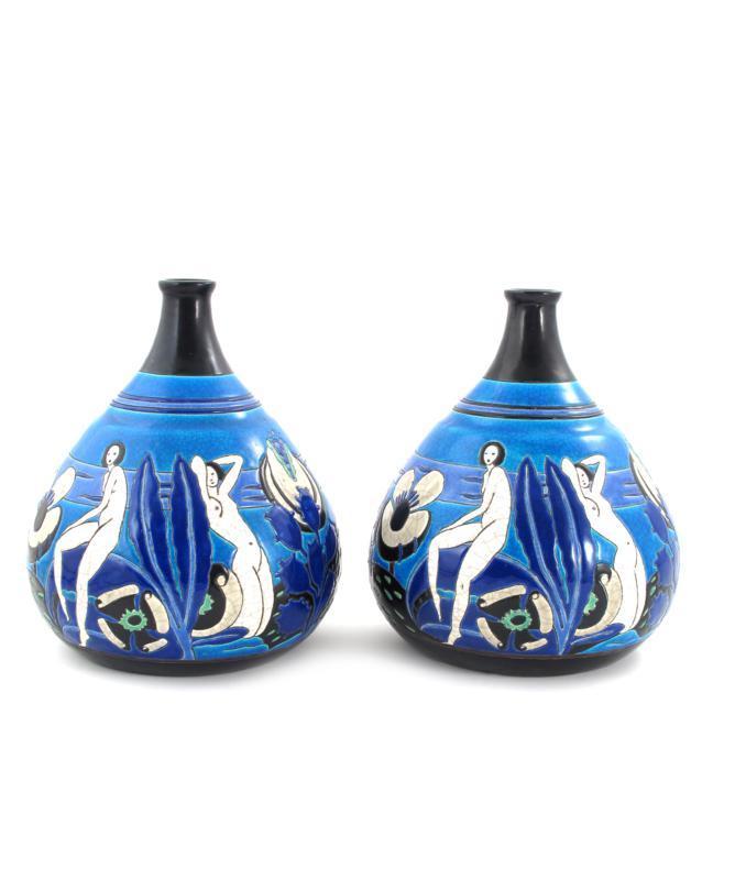 Appraisal: A fine pair of Longwy Primavera Pottery Baigneuses vases