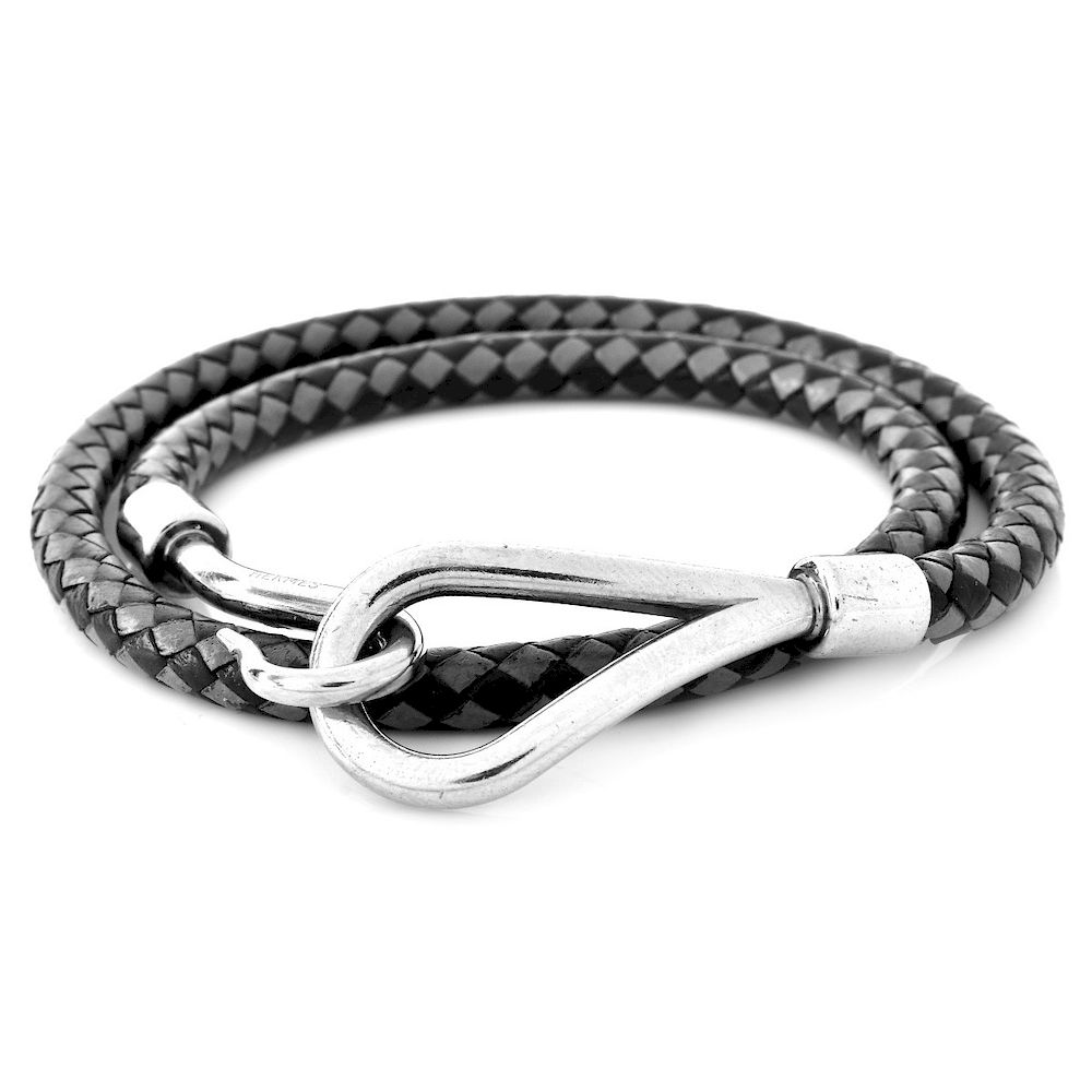 Appraisal: Hermes Black Grey Leather Double Tour Bracelet Hermes Black Grey