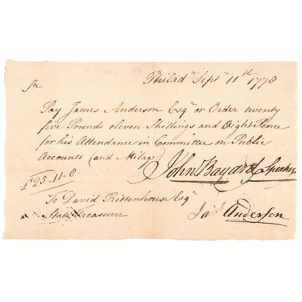 Appraisal: Revolutionary War JOHN BAYARD Speaker Signed Pennsylvania Pay Order American