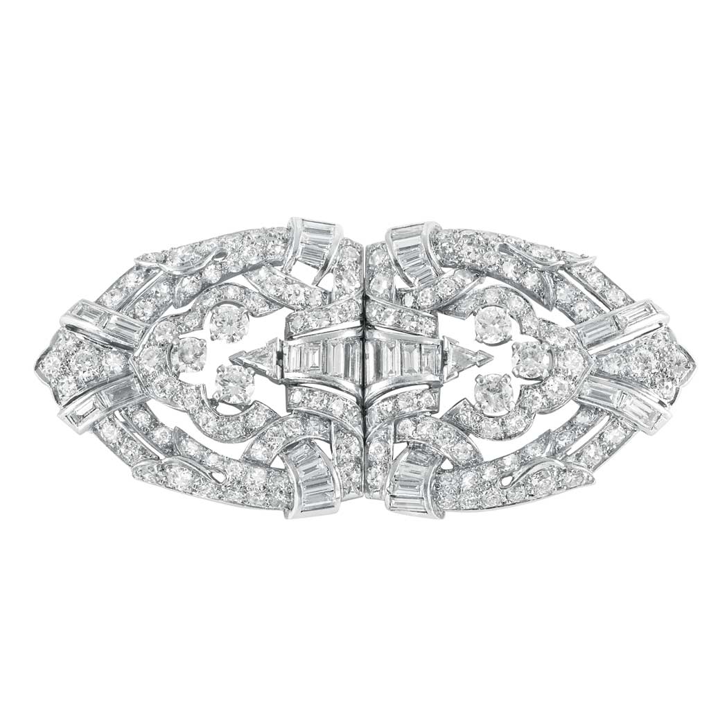 Appraisal: Platinum and Diamond Double Clip-Brooch diamonds ap cts one diamond