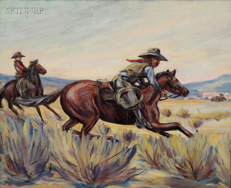 Appraisal: American School th Century Cowboys on Horseback Unsigned Oil on