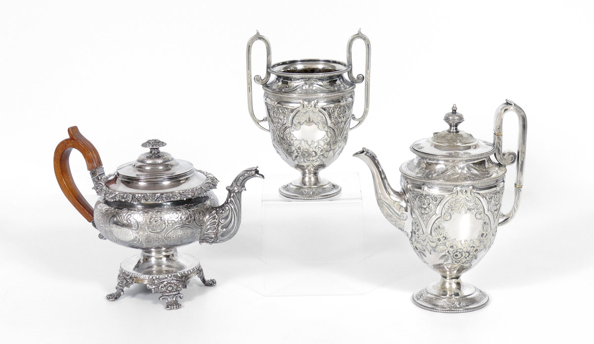 Appraisal: PIECE SILVERPLATE EMBOSSED SERVING PIECES To include Roberts Belk coffee