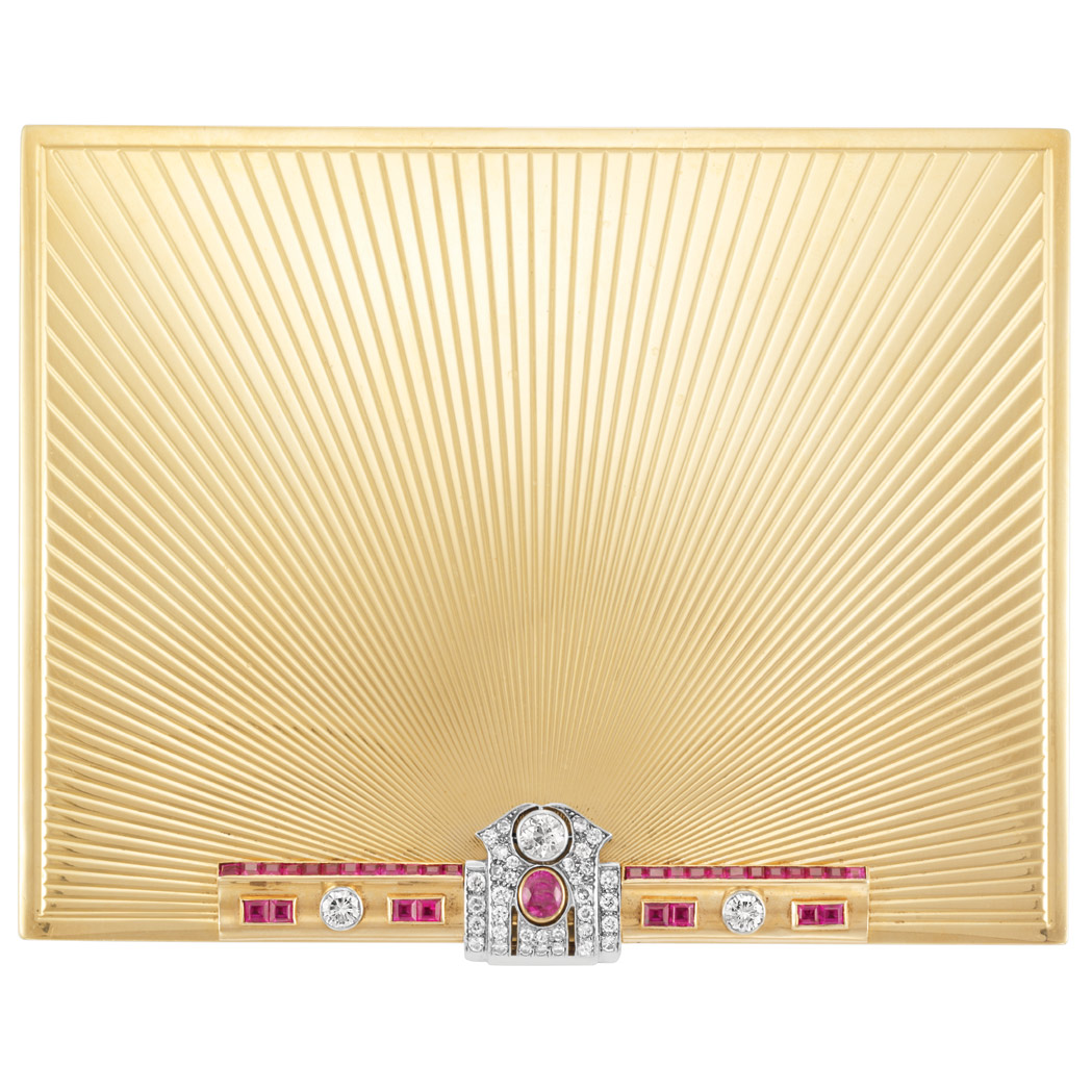 Appraisal: Gold Platinum Diamond and Ruby Cigarette Box The large ribbed