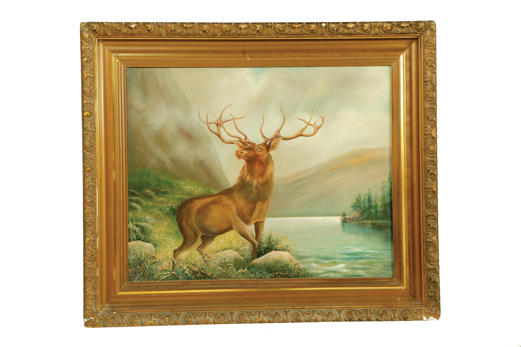 Appraisal: LANDSCAPE WITH ELK AMERICAN SCHOOL EARLY TH CENTURY Oil on