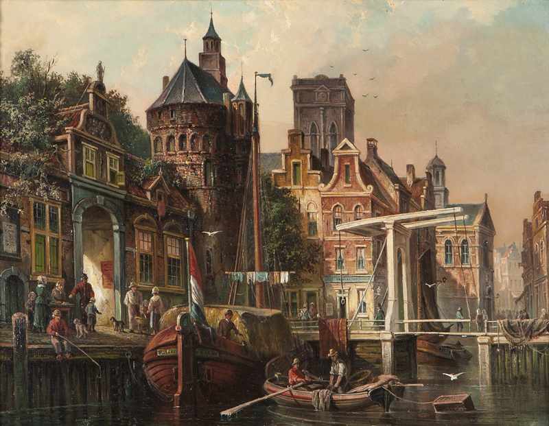 Appraisal: Amsterdam view with figures canal and bridge partial indistinct signature