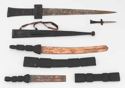 Appraisal: A Lot of African Leather Scabbard Weapons Three African weapons