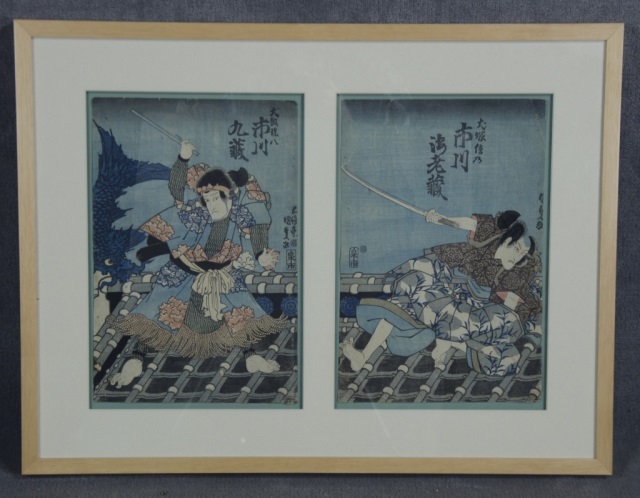 Appraisal: Original Japanese Woodblock DiptychCirca By Kunisada Depicts samurai on a