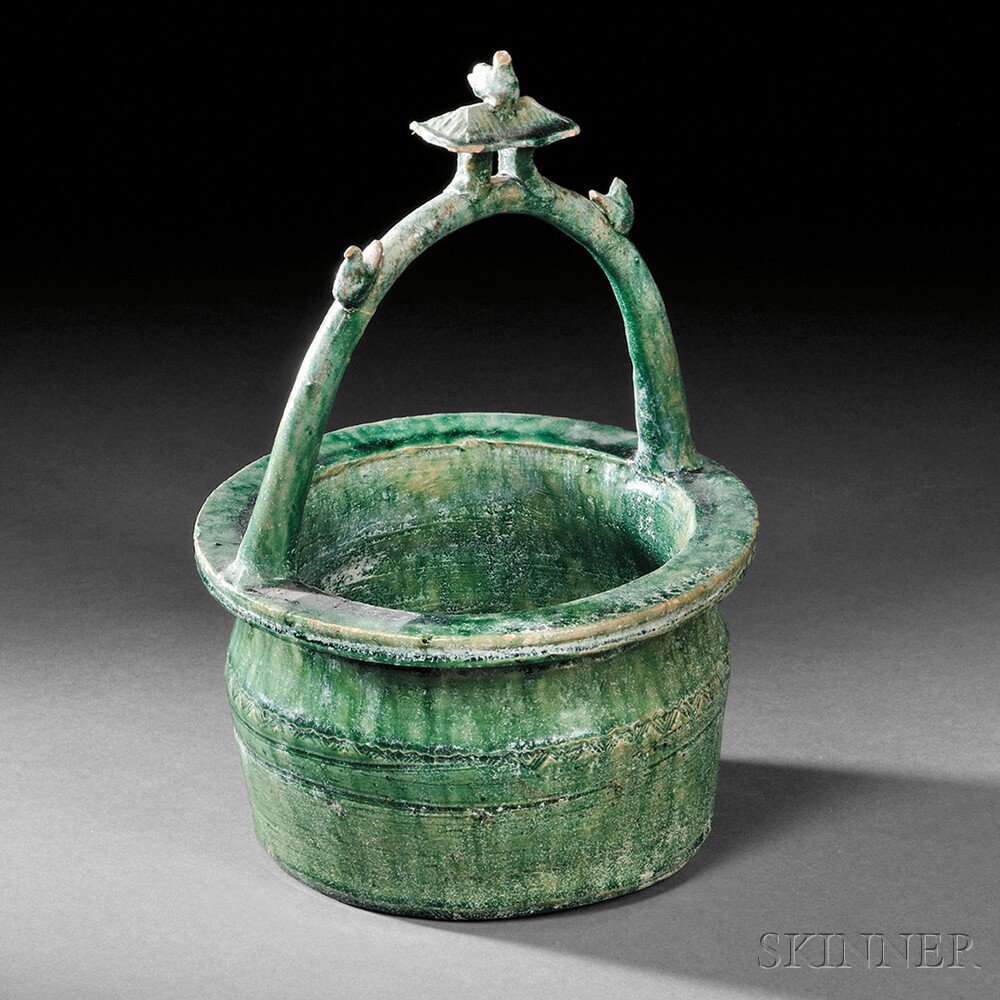 Appraisal: Green-glazed Pottery Well-head China Han dynasty with three pottery birds