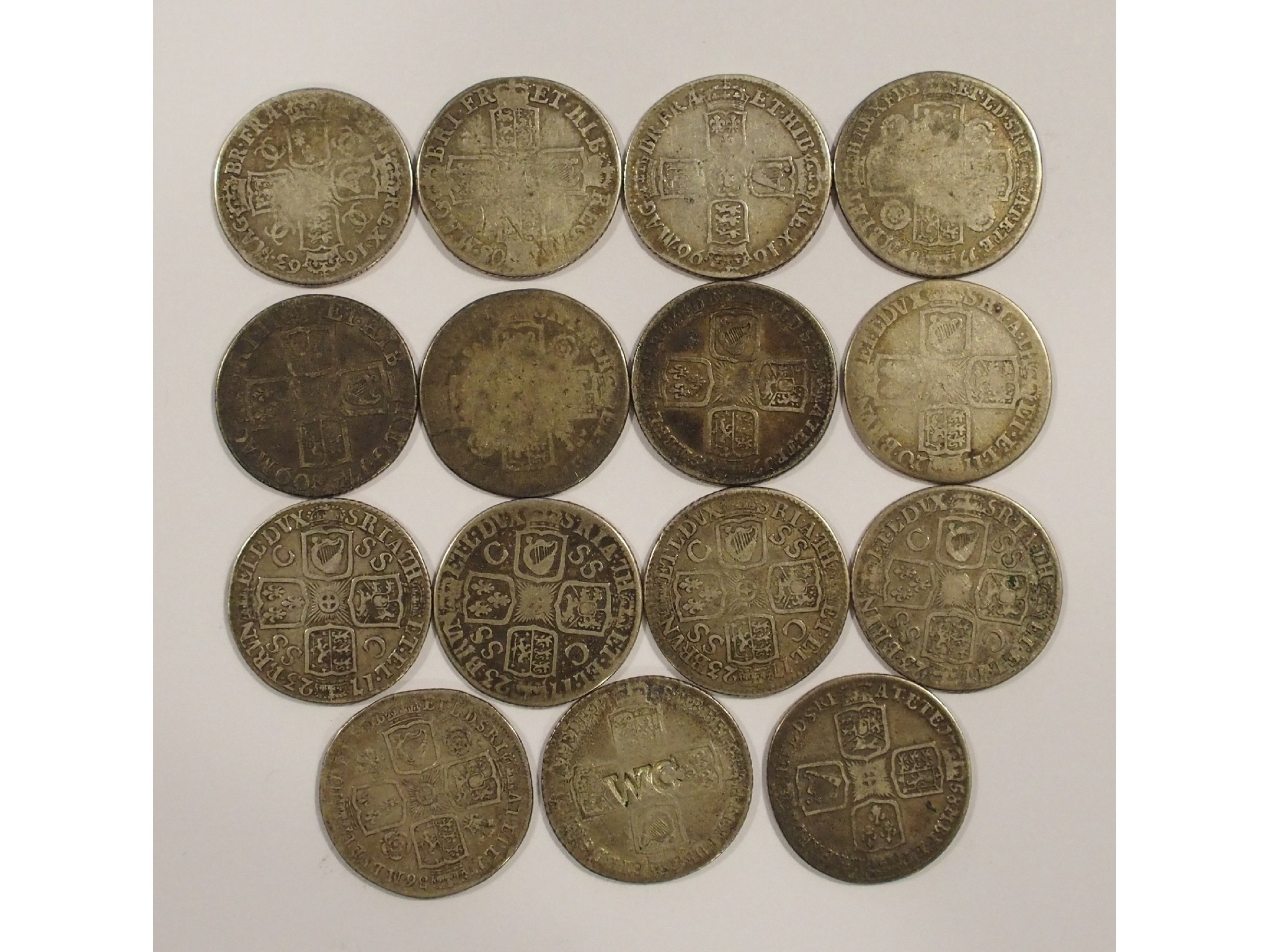 Appraisal: Fifteen British silver Shillings Charles II poor condition Y William