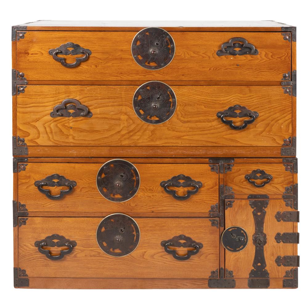 Appraisal: TWO-PART TANSU CABINETtwo-tone stained wood with iron hardware one part