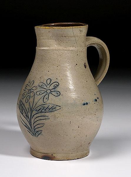 Appraisal: INCISED SALT GLAZE STONEWARE PITCHER American ca - Highly ovoid