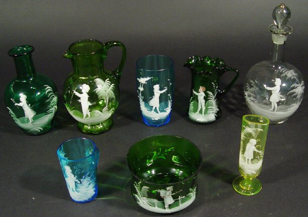 Appraisal: Seven Mary Gregory glass items each enamelled in white with