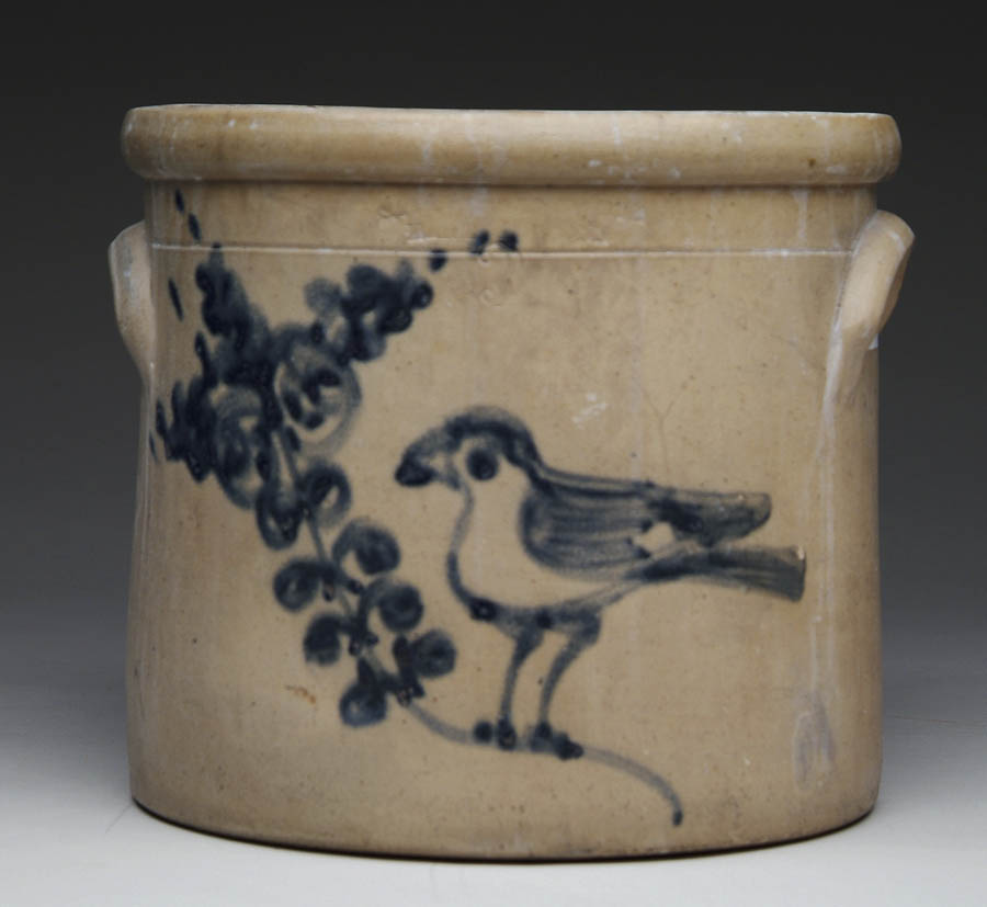 Appraisal: THREE GALLON STONEWARE CROCK WITH LARGE BLUE BIRD AND BRANCH