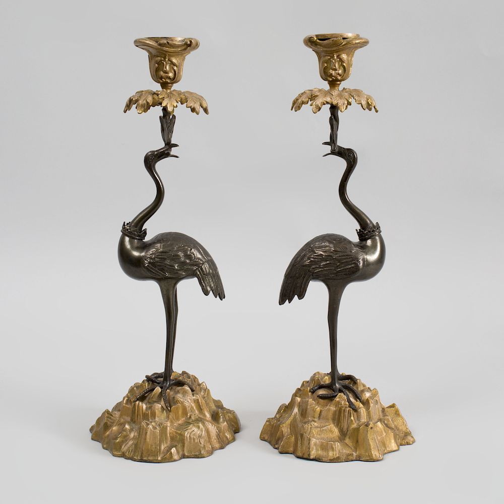 Appraisal: Pair of Regency Style Bronze and Gilt-Metal Crane Form Candlesticks