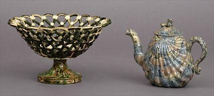 Appraisal: TWO ENGLISH AGATEWARE ARTICLES Comprising a scallop shelf individual teapot