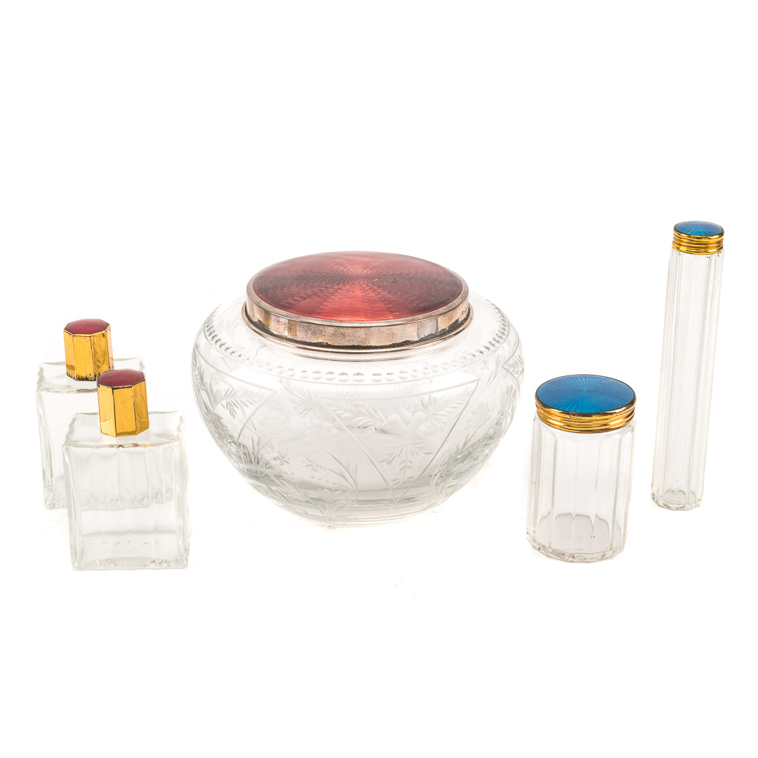 Appraisal: Faberge vanity jar and four other vanity items Faberge etched