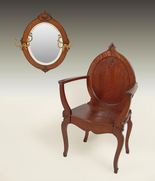 Appraisal: QUARTER SAWN OAK HALL CHAIR AND MIRROR HAT RACK Oval