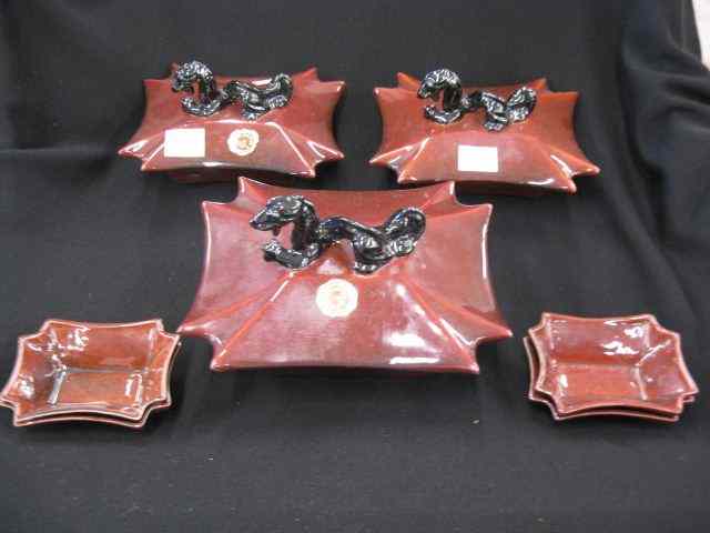 Appraisal: Bevan Kilns Art Pottery Boxes Dish black dragon on rich