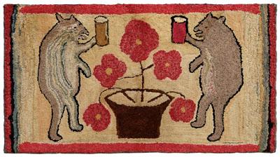 Appraisal: Hooked rug with drinking bears two bears raising beer mugs