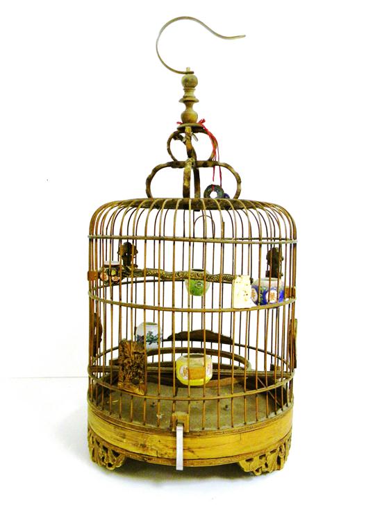 Appraisal: Wire birdcage with Chinese porcelain water bowls and feeders ''