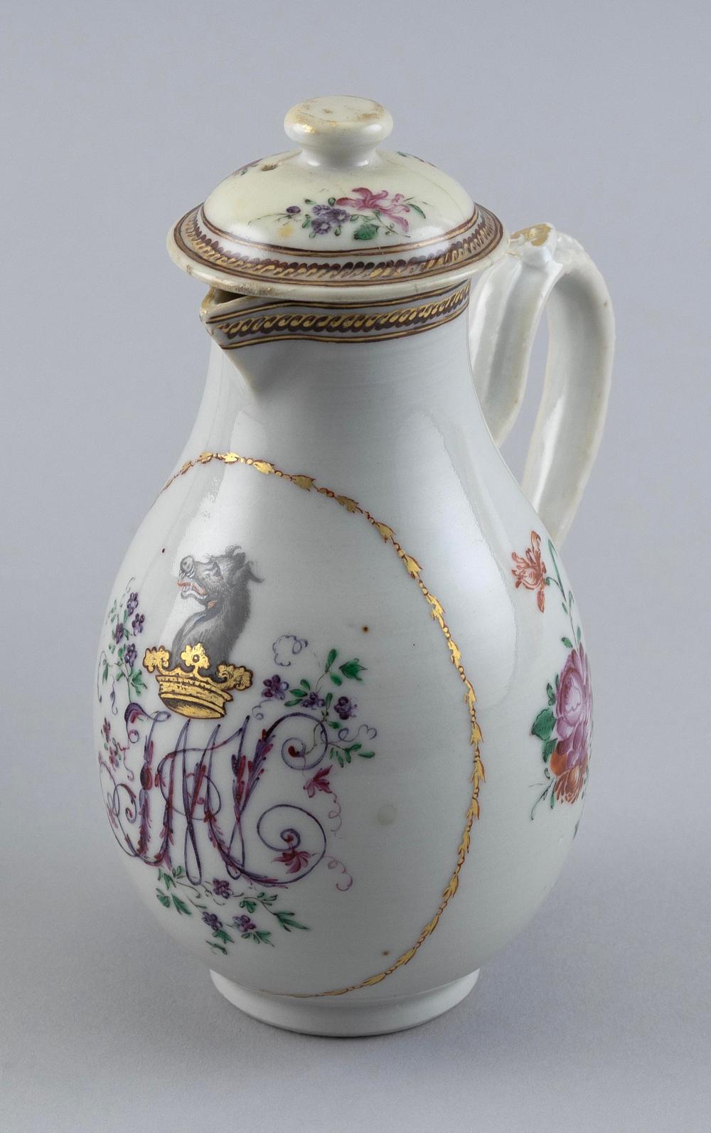 Appraisal: CHINESE EXPORT FAMILLE ROSE ARMORIAL PORCELAIN COVERED CREAMER MID- TH