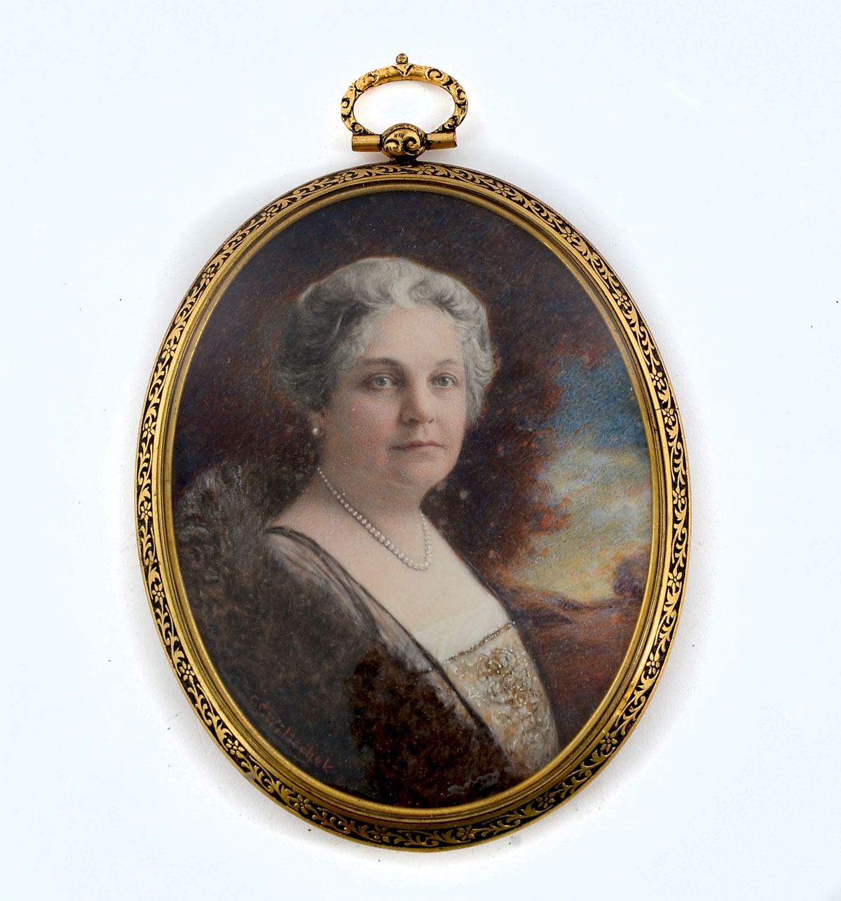 Appraisal: MINIATURE PORTRAIT PAINTING OF AN OLDER WOMAN WEARING PEARLS BY