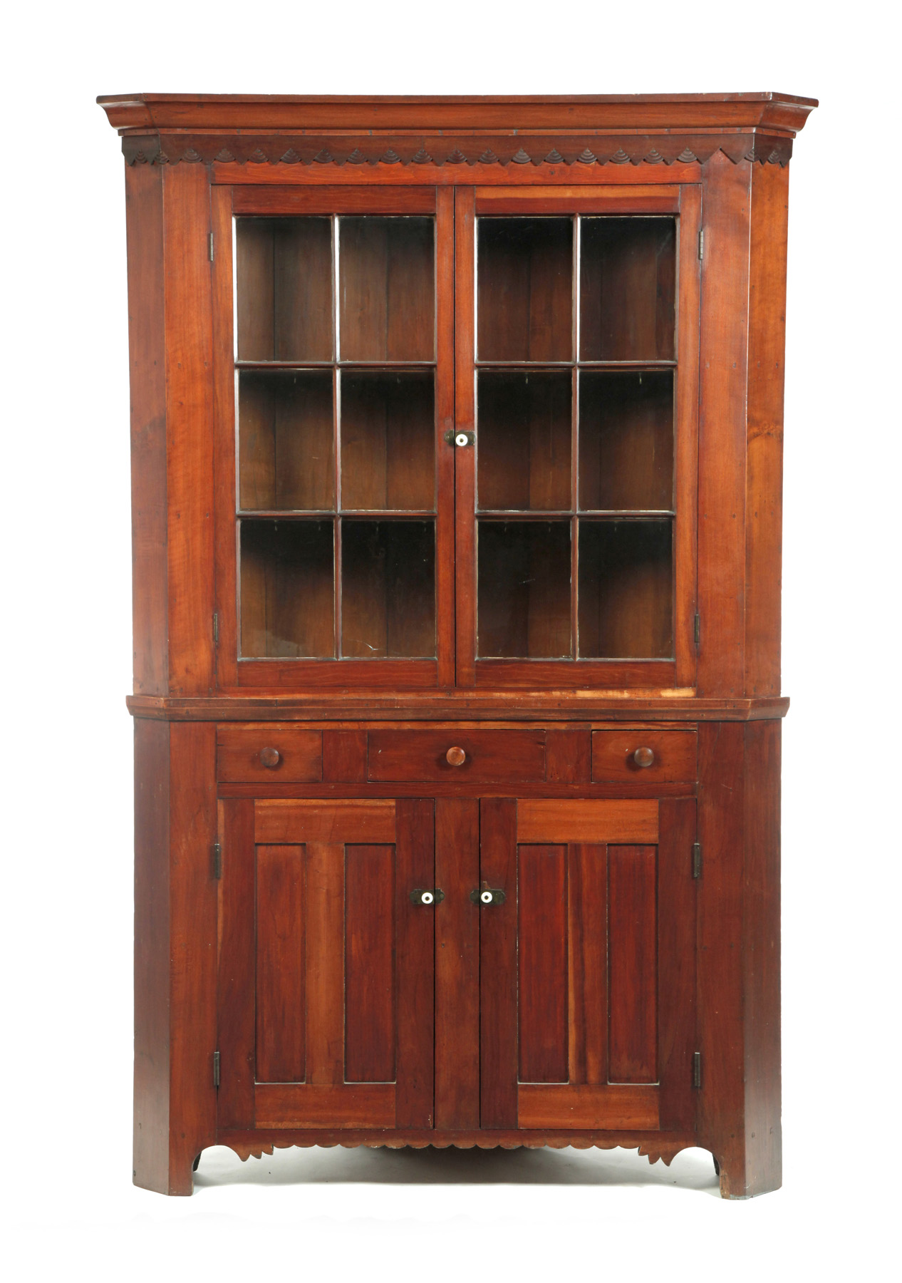 Appraisal: OHIO CORNER CUPBOARD - cherry and poplar Two piece the