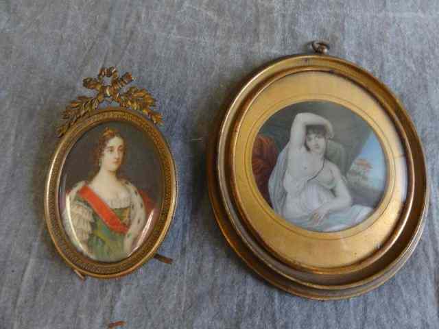 Appraisal: Miniature Portraits on Bone in Vintage BronzeFrames portraits of ladies