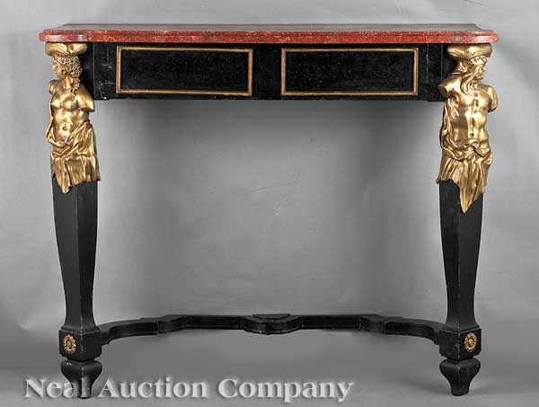 Appraisal: A Pair of Neoclassical-Style Ebonized and Gilt Bronze Consoles late