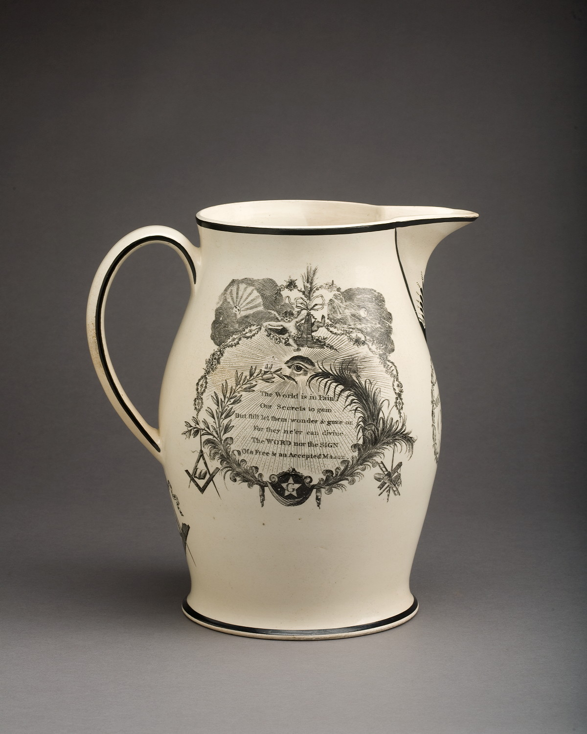 Appraisal: ENGLISH CREAMWARE BLACK TRANSFER-PRINTED JUG PROBABLY HERCULANEUM POTTERY LIVERPOOL CIRCA