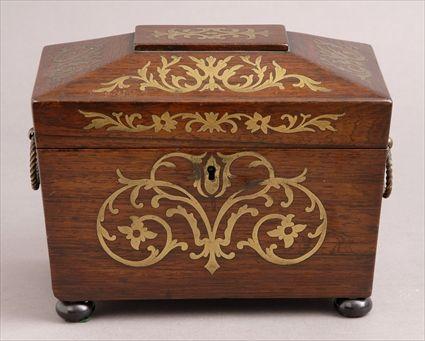 Appraisal: REGENCY BRASS-INLAID ROSEWOOD TEA CADDY Of sarcophagus form with vinework