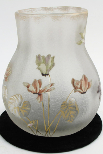 Appraisal: MT JOYE ENAMELED CAMEO GLASS VASE with raised colorful floral